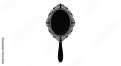 An ornate black hand mirror with a decorative frame and long handle is prominently displayed a striking silhouette high quality