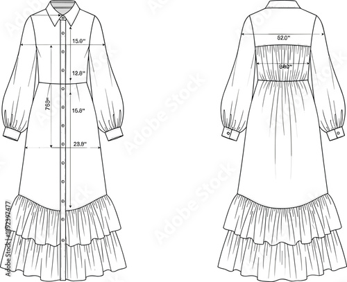 Technical fashion illustration of long-sleeved tiered button-down dress with collar, puff sleeves, yoke — front and back views