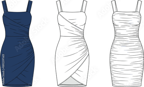 Technical fashion illustration of ruched strap dress with square neckline, fitted silhouette — diagonal and horizontal ruching views