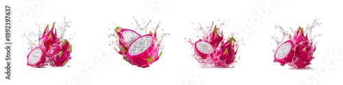 Set of dragon fruit splash isolated on transparent background