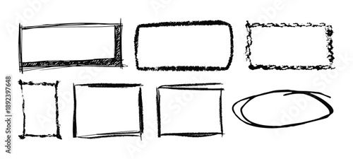 Hand drawn black pen collection showing round circle underline marks with doodle lines and strokes. Crayon or Chalk Square shape Frames.