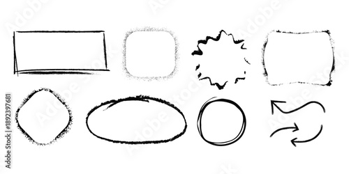 Hand drawn black pen collection showing round circle underline marks with doodle lines and strokes. Crayon or Chalk Square shape Frames.