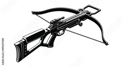 A detailed illustration showcases a classic crossbow design with intricate mechanical components presented as a striking silhouette high quality professional