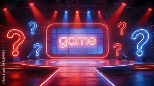 An vibrant scene features a game show set with neon question marks and the word game displayed. The setting is illuminated with red and blue lights, creating an atmosphere for entertainment
