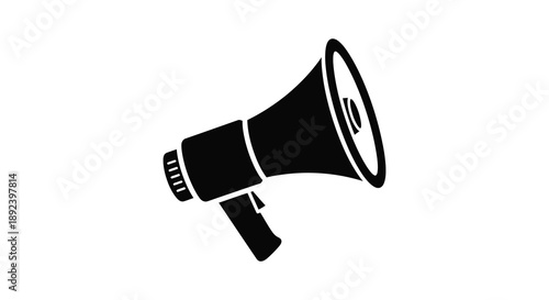 A stark black silhouette of a vintage megaphone stands prominently against a bright white backdrop conveying communication and announcement silhouette
