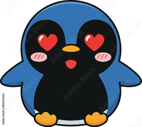 Digital illustration of a cute cartoon penguin with heart eyes and blush cheeks on a white background.
