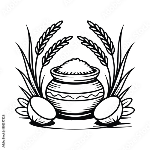 Traditional harvest illustration featuring a pot of grain surrounded by rice stalks and coconuts