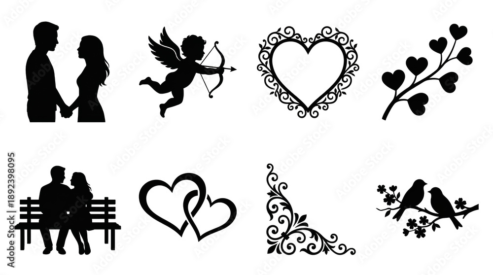 Fototapeta premium Romantic black silhouette set including couple, cupid, hearts, birds, and floral ornaments isolated. Valentine and wedding decoration collection.