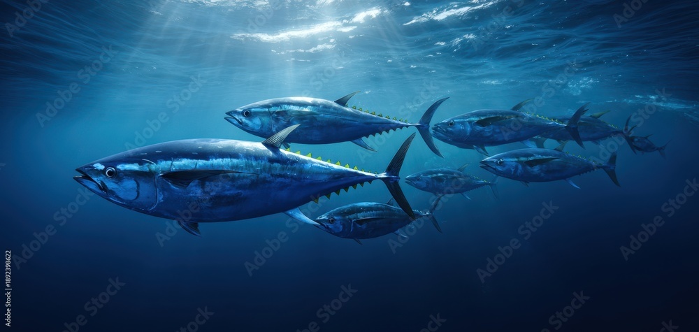 Obraz premium The Tuna School Swimming Through Sunlit Deep Blue Ocean Waters at Dawn
