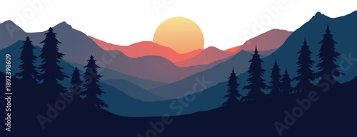 flat vector Sunset over mountains with silhouetted trees