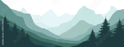 Serene mountain landscape with layered hills and pine trees