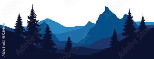 flat vectorSerene mountain landscape with pine trees in dark blue silhouette