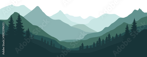Serene mountain landscape with evergreen trees in misty twilight