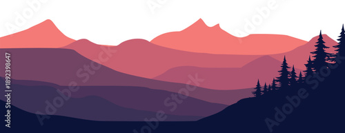 flat vector Vibrant mountain landscape with silhouetted trees at sunset