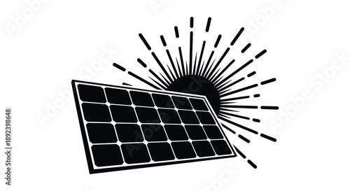 A stylized black and white illustration depicts a solar panel emitting radiant energy forming a burst effect silhouette high quality professional detailed