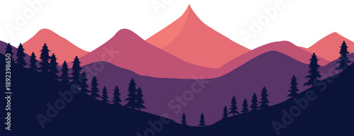 Vibrant mountain landscape with silhouetted trees at sunset