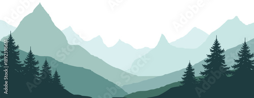 flat vector Serene mountain landscape with layered peaks and pine trees