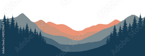flat vector Vibrant mountain landscape with layered hills and pine trees