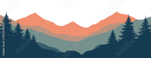 flat vector Vibrant mountain landscape with silhouetted trees and colorful hills