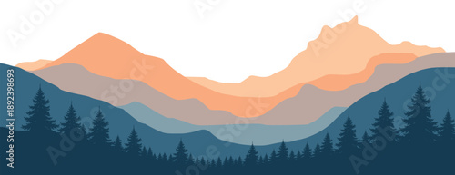 flat vector Serene mountain landscape with pine trees at sunset