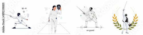 Dynamic illustrations of female fencers: lunging, standing on guard, removing the mask, and celebrating a championship victory.
