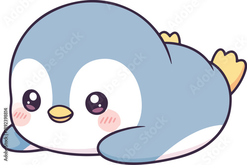 A cute cartoon penguin with a blue and white body and yellow flippers lies on its stomach with a cheerful expression on a clean white background.