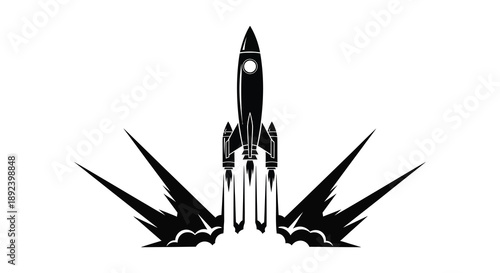 A striking black silhouette of a rocket launching with fiery exhaust plumes against a clean white background silhouette high quality