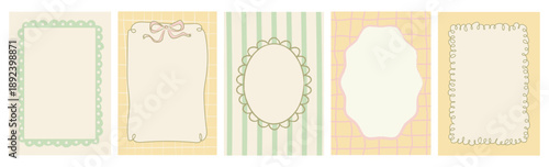 Pastel Easter and springtime card set with hand-drawn imperfect sketch borders, scallops, bows, stripes and grids in vintage colors. Coquette stationery, scrapbooking, notes, printable greeting cards.