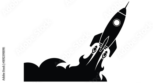 A sleek black rocket ascends amidst fiery exhaust plumes powerfully illustrating space travel and exploration silhouette high quality professional detailed