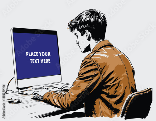 048-38-Young man focused on computer screen, typing and mousing on a desk