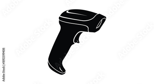 A stark black silhouette of a handheld barcode scanner is prominently displayed against a plain white background silhouette high quality