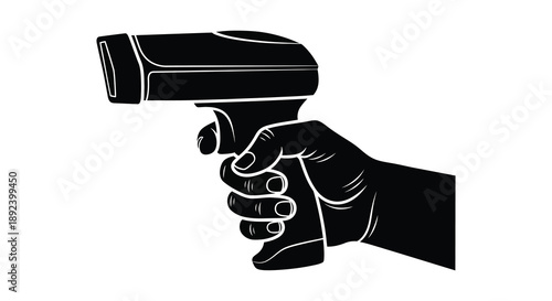 A stark black and white image depicts a human hand firmly gripping a futuristic looking handgun presented as a silhouette