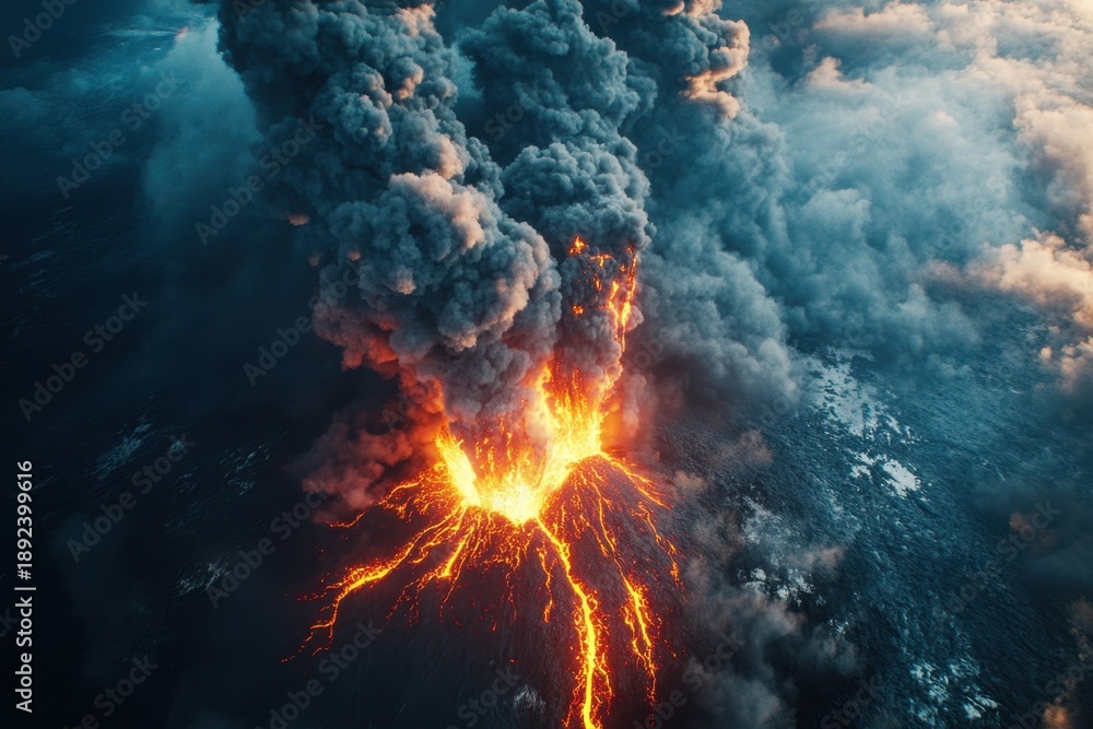 Obraz premium Massive volcanic eruption creates thick smoke and flowing lava over landscapes