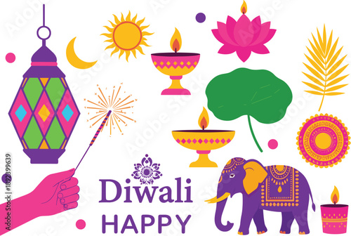 Happy Diwali greeting design with colorful lantern, diya lamps, elephant, lotus, sun and festive icons, Indian festival vector illustration