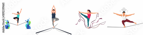 Collection of flat vector illustrations depicting figures mastering balance, concentration, and skill through yoga, slacklining, and performance art.