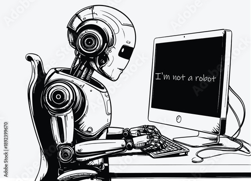048-41-Robot sitting at a desk and typing on a computer displaying 'i'm not a robot'