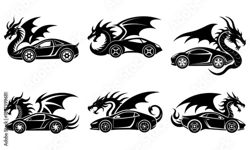 Collection of black dragon car illustrations from various viewpoints showcasing fantasy vehicles