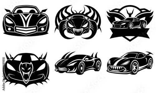 Collection of black and white illustrations featuring cars, spiders, and masks from various viewpoints