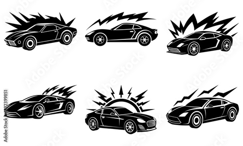 A set of sleek sports cars speeding rapidly around a corner with motion blur effects from different viewpoints