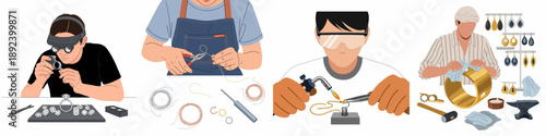 Professional jewelers engaged in various craft activities: diamond inspection, wire bending, torch soldering, and polishing finished gold jewelry.