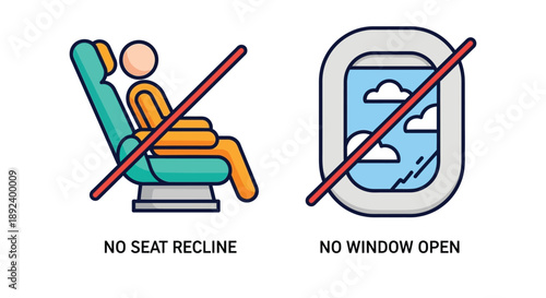 Airline safety guidelines featuring forbidden actions like adjusting the passenger seat recline position or opening the aircraft window during flight