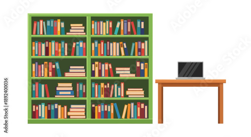 A green bookshelf filled with books and a laptop on a desk