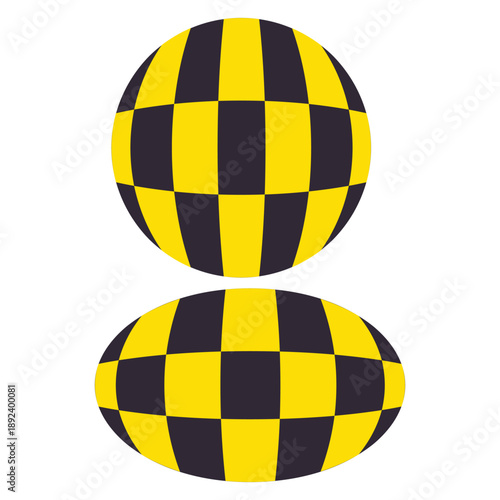 This image features two geometric shapes set against a plain white background. The top shape is a perfect sphere, while the bottom shape is a horizontally elongated oval. Both shapes share a consisten