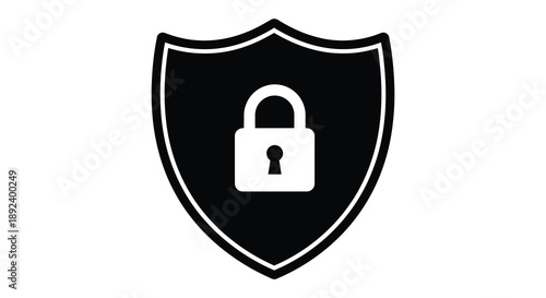 A stark black shield emblem features a white padlock at its center symbolizing security and protection a bold silhouette