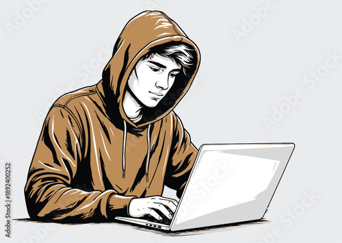 048-43-Young man wearing a hoodie and typing on a laptop, representing hacking or coding