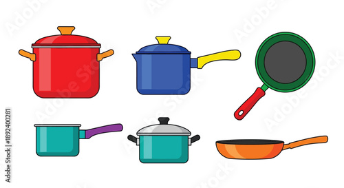 Colorful cartoon illustration of various cooking pots and a frying pan