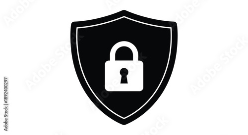 A stark black shield icon prominently displays a white padlock symbolizing security and protection in a bold silhouette high quality