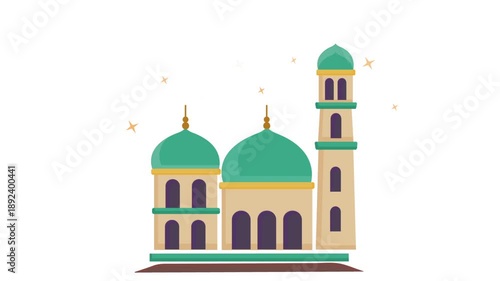 Animated mosque illustration featuring dome, minaret, and crescent moon in clean flat styles, suitable for Islamic themes, Ramadan content, religious presentations, apps, and motion graphic projects.