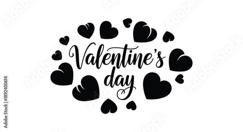 A festive valentine s day greeting features scattered black hearts and elegant script lettering a striking silhouette high quality professional detailed