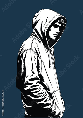 048-47-Young man in a hooded sweatshirt with hands in pockets on a dark background